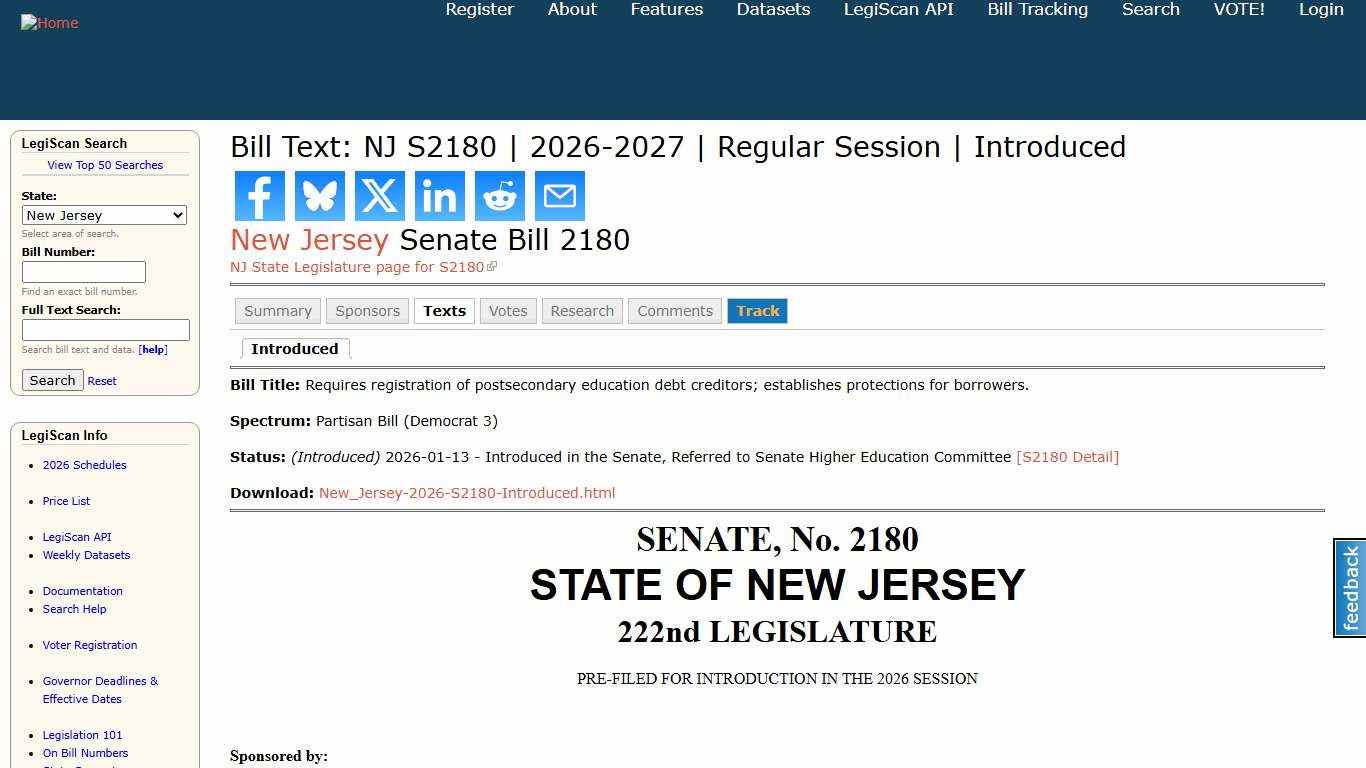 Bill Text: NJ S2180 2026-2027 Regular Session Introduced LegiScan